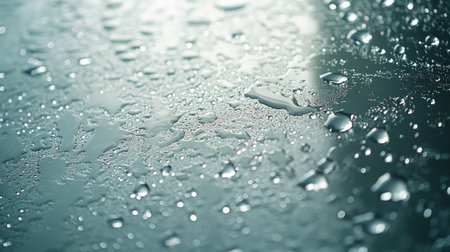 Water droplets create a beautiful pattern on a smooth surface, reflecting light.の素材