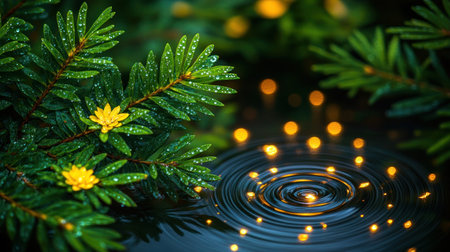 Raindrops create gentle ripples in still water, reflecting golden lights in a lush garden.の素材