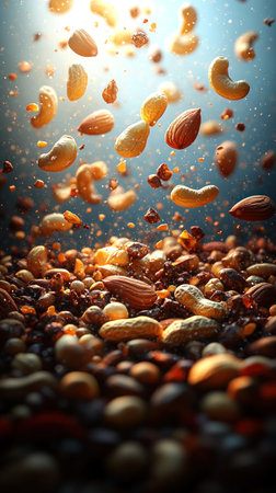 Nuts soar through the air, illuminated by bright light, creating a stunning scene.の素材