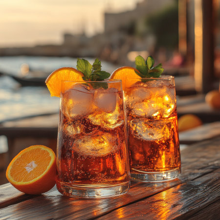 Two sparkling citrus drinks rest on a wooden table by the water at sunset.の素材