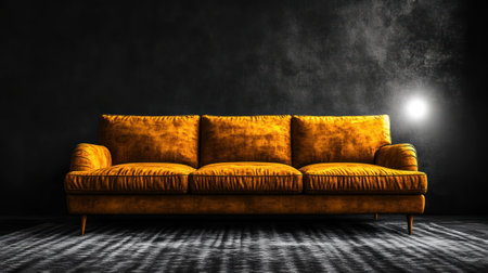 A mustard yellow couch elegantly sits under soft lighting, enhancing its warmth.の素材