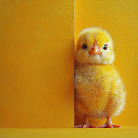 A fluffy yellow chick curiously peeks from behind a bright yellow surface, radiating joy.の素材
