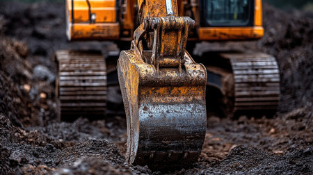 A large excavator moves through dark soil, demonstrating the power of modern machinery.の素材