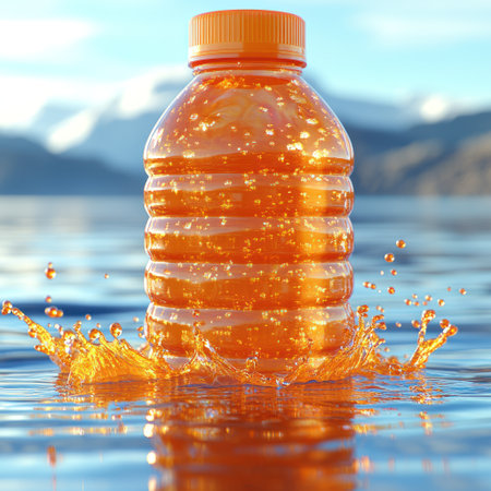 An orange bottle splashes in the blue lake with mountains in the distance.の素材