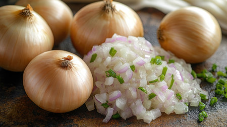 Chopped onion pieces scattered near whole onions on a wooden surface, ready for cooking.の素材