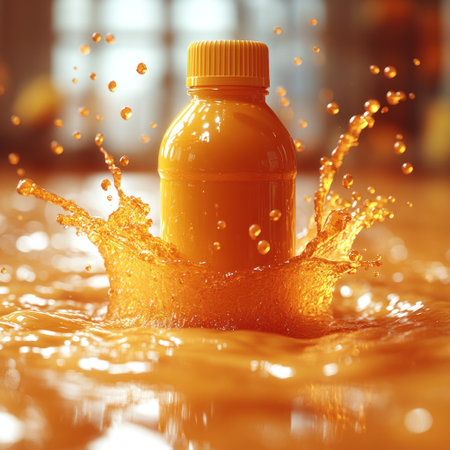Citrus bursts and playful drops surround a bottle emerging from orange liquid.の素材