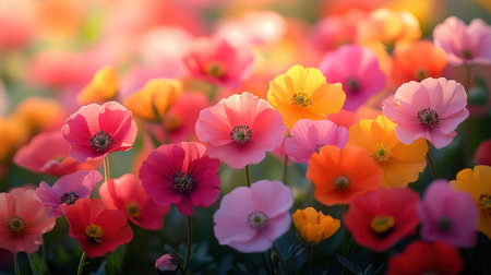 Lovely flowers in shades of pink, orange, and yellow create a joyful spring scene.の素材