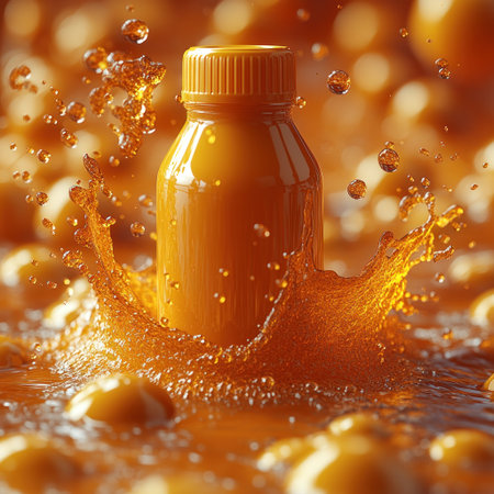 A dynamic burst of orange liquid envelops a bottle, showing zest and vitality.の素材