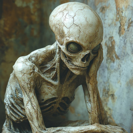 A skeletal figure sits silently in thought against a decaying twilight backdrop.の素材