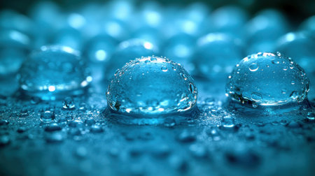 Small blue droplets rest on a smooth surface, sparkling with a mesmerizing glow.の素材