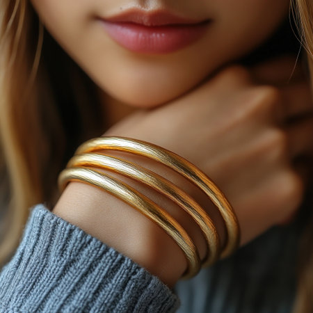 Golden bangles shimmer on a wrist, highlighting delicate features and cozy attire.の素材
