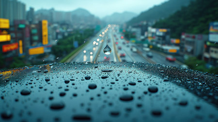 Raindrops gather on a car roof amid bustling city traffic.の素材
