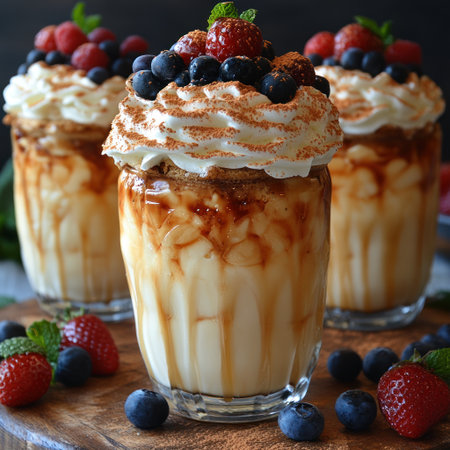Indulge in rich cream and fruit layers topped with whipped cream in dessert cups.の素材
