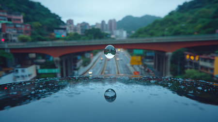 A raindrop sits atop a surface, capturing the vibrant city below and misty mountains.の素材