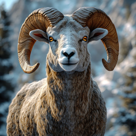 A strong ram gazes confidently at the viewer against a snowy mountainous background.の素材