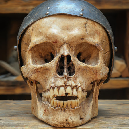 A fascinating skull adorned with a metal helmet captivates visitors in a unique exhibit.の素材