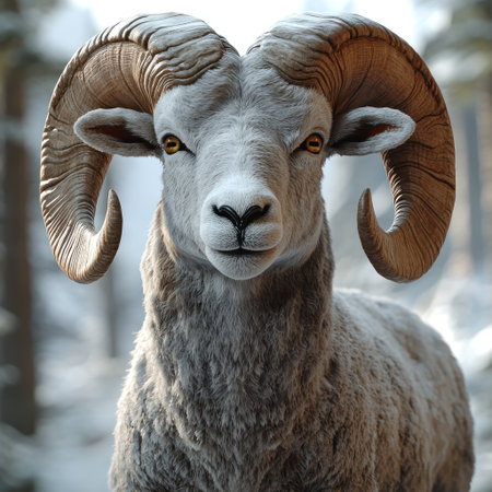 A bighorn sheep stands in snowy woods, showing its impressive horns.の素材