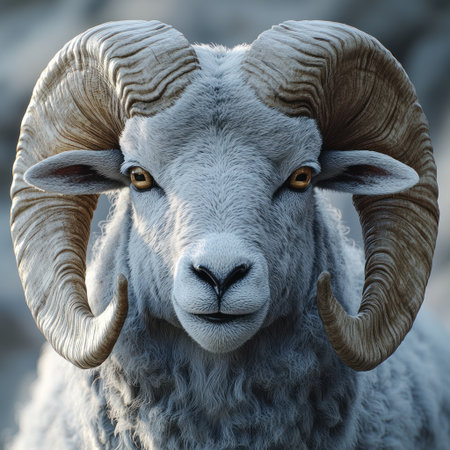 A majestic ram with large horns stands proudly in rocky terrain.の素材