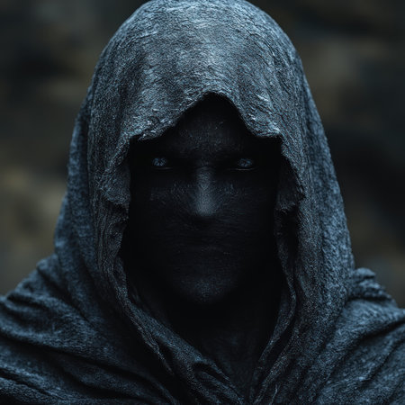 A shadowy figure in a flowing cloak gazes intensely, surrounded by rugged terrain.の素材