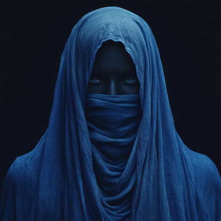 A captivating figure in deep blue fabric stands calmly in dark surroundings.の素材