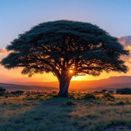 Golden sunlight streams through the branches of a large tree, illuminating a vast terrain.の素材