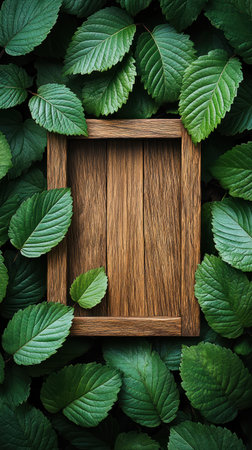 A wooden frame blending harmoniously with vibrant green leaves, inviting creativity.の素材