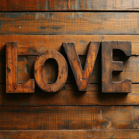 A handcrafted wooden love sign in warm tones rests against a textured wooden wall.の素材