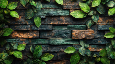 Lush foliage entwines textured stone, merging nature and artistry in harmony.の素材