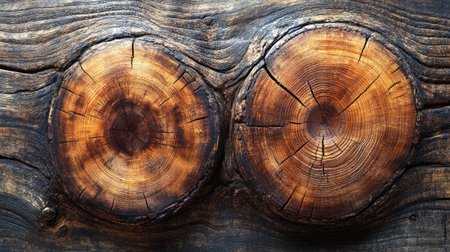 Two cross sectioned logs showcase stunning grain patterns and warm hues.の素材