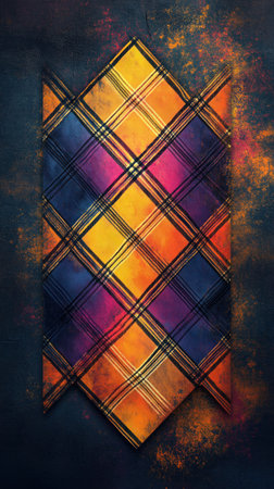 Bold plaid in warm orange, purple, and gold makes a striking statement.の素材