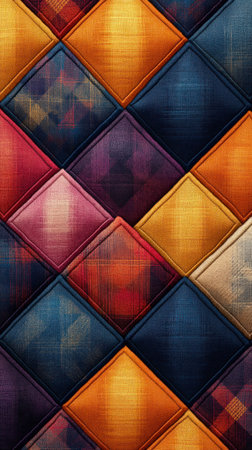 Bright diamond patterns create a warm, inviting ambiance in the textile display.の素材