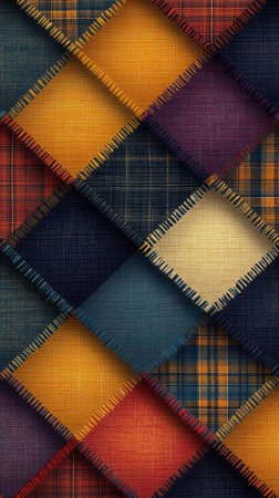 A vibrant patchwork design showcases rich colors and varied textures beautifully arranged.の素材