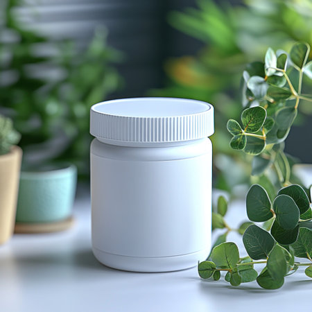 Lush plants embrace a minimalist white jar, creating a tranquil and refreshing ambiance.の素材