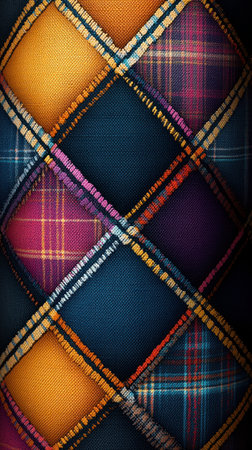 Fabric features vibrant plaid patchwork in rich colors and textures.の素材