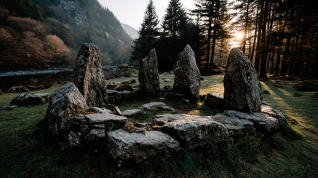 Sunlight filters through trees illuminating ancient stones in a serene valley setting.の素材