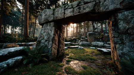 Ancient stone structures rise from greenery at sunrise, evoking a mystical feel.の素材