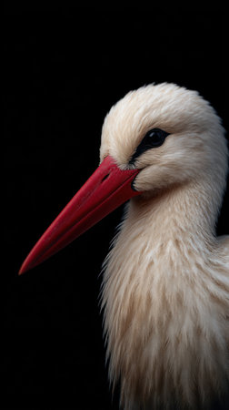 A beautiful stork gazes intently, showcasing its vibrant red beak and intricate feathers.の素材