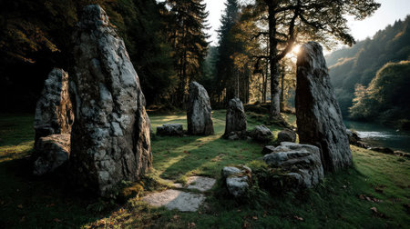 Massive stones create a mystical circle, bathed in gentle sunlight among lush greenery.の素材