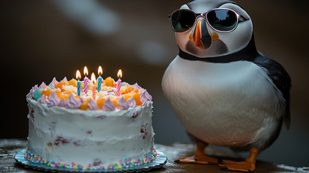 Puffin in stylish sunglasses stands proudly beside a vibrant birthday cake with candles.の素材