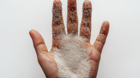 White sugar grains spill gracefully from an open palm in soft morning light.の素材