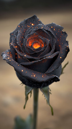 A black rose shines with a radiant core, glowing and sparkling enchantingly.の素材