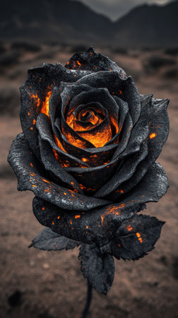 A black rose with glowing orange accents rises in a desolate, moody landscape.の素材
