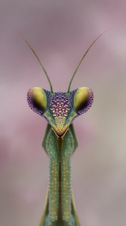 A colorful mantis showcases its detailed features in a lush and dreamy environment.の素材