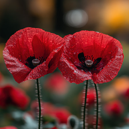 Two red poppies stand tall in a verdant garden, glistening with morning dew and sunshine.の素材