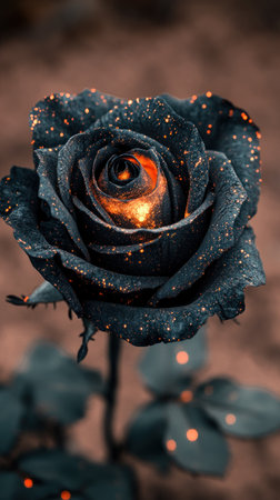 A stunning black rose radiates a warm amber glow, enchanting all who behold it.の素材
