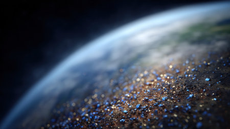 Crystals scatter light on the surface of a beautiful planet set against the vast universe.の素材