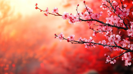 Delicate cherry blossoms bloom against a warm sunset, creating a calming atmosphere.の素材
