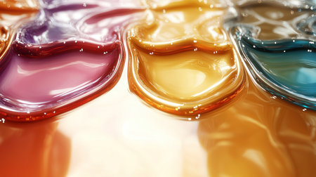 Rich colors flow and merge on a polished surface, showing an artistic blend of hues.の素材
