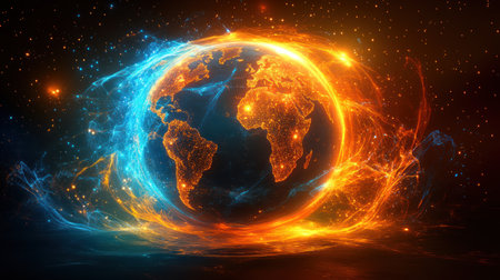 A stunning view of Earth encircled by vibrant, swirling colors full of energy.の素材