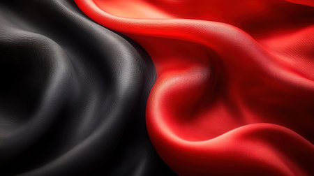 Textiles intertwine, showcasing deep red and rich black hues under gentle light.の素材